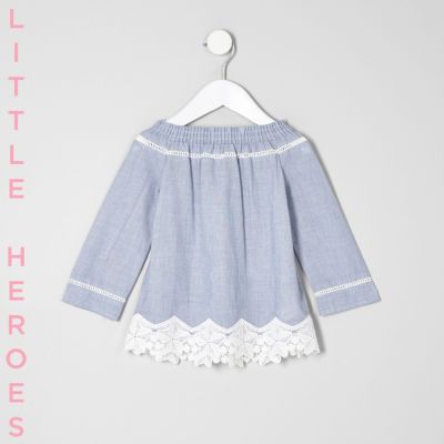 Mini girls blue lace hem bardot top